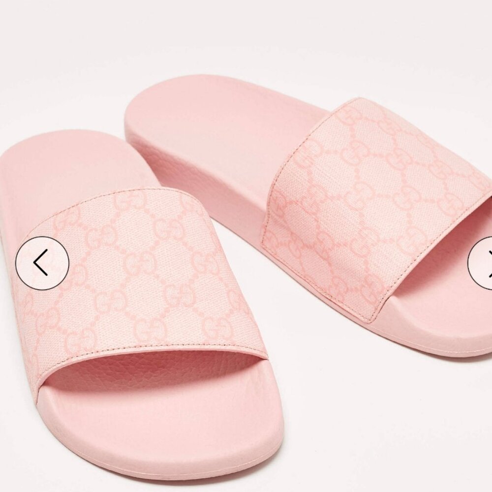 Gucci Pink Supreme Canvas Pool Slides Sandals